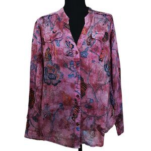 Vintage Goa Blouse Button Up Lightweight Pockets Roll Tab Long Sleeves